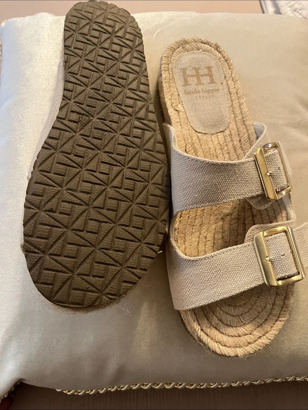 Haute Hippie Beige Canvas Double-Buckle Espadrille Slide Sandals